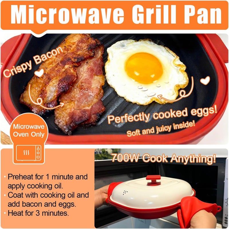 HJ Microwave Grill Pan with Cover, Microwave Cookware Multi-Use for Grilling, Frying, Browning and Crisping, Microwave Bacon Cooker Tray, Microwave Griller with Cover Safe and Easy to Clean (Red) - Image 2